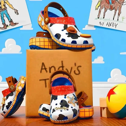 zero2cart Western cowboy-inspired clogs with cow print, sheriff badge, and wood-patterned details on a toy box