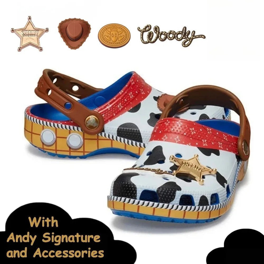 zero2cart Western cowboy-inspired clogs featuring cow print, sheriff badge, and Woody-themed accessories.