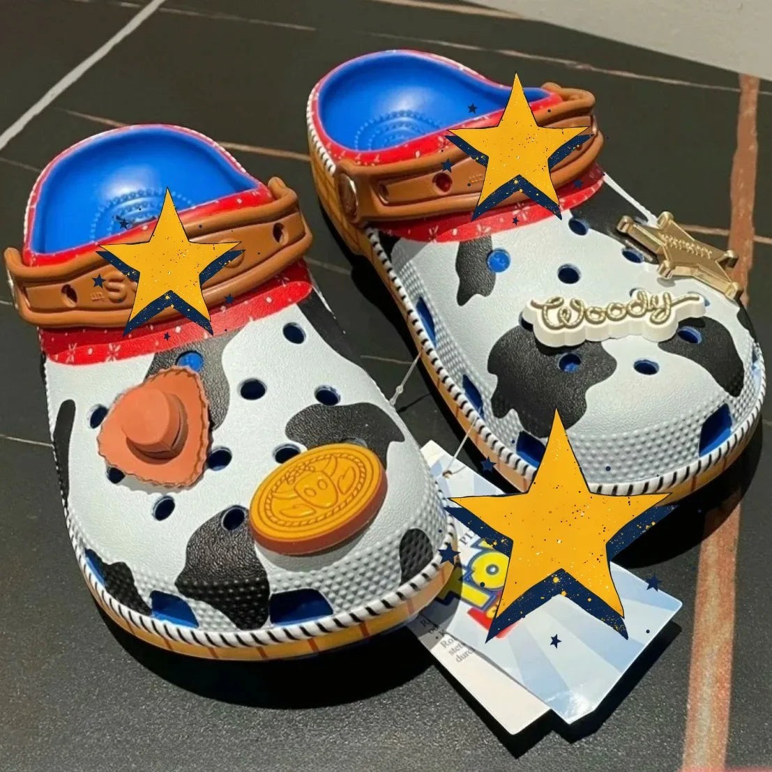 zero2cart cowboy-inspired clogs featuring cow print, red trim, blue interior, and playful western-themed charms.