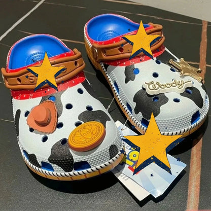 zero2cart cowboy-inspired clogs featuring cow print, red trim, blue interior, and playful western-themed charms.