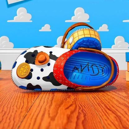 zero2cart Western cowboy-inspired clogs featuring cow print, yellow plaid, and Andy signature detail on blue interior