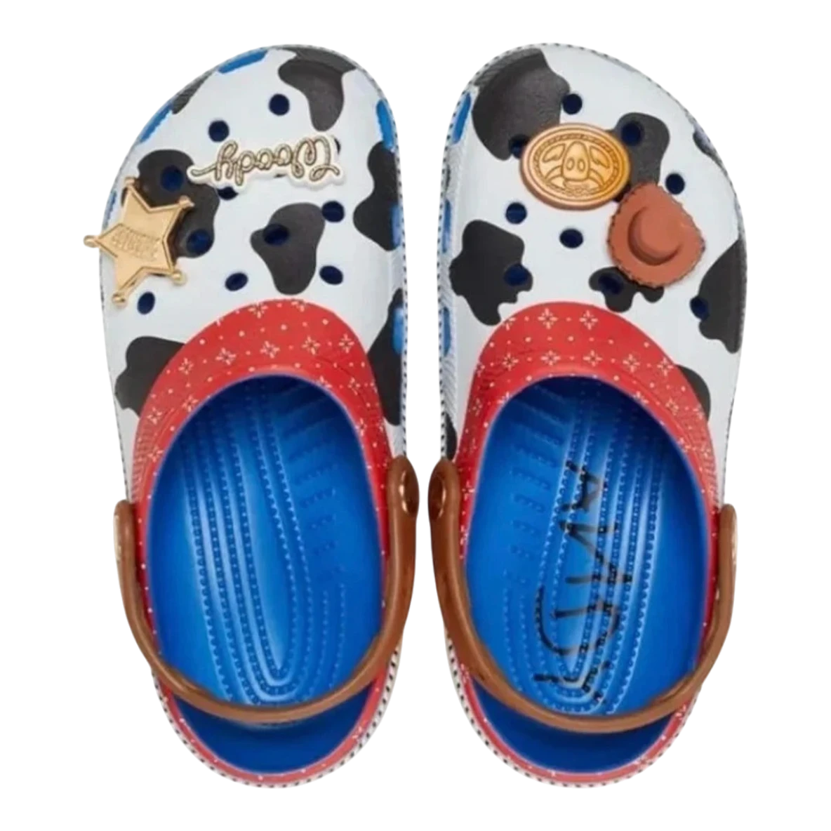 zero2cart cowboy-inspired clogs with cow print, red trim, blue interior, and western-themed charms