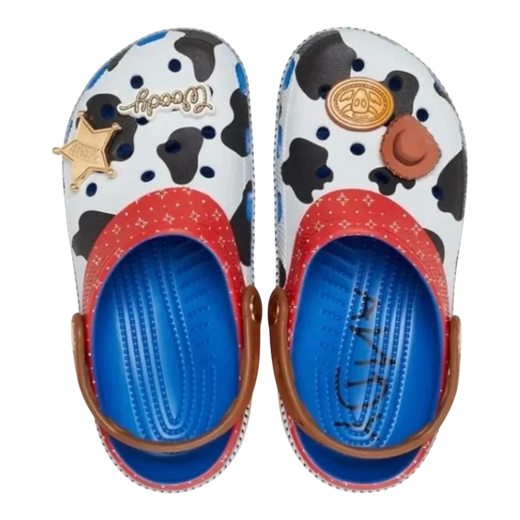 zero2cart cowboy-inspired clogs with cow print, red trim, blue interior, and western-themed charms