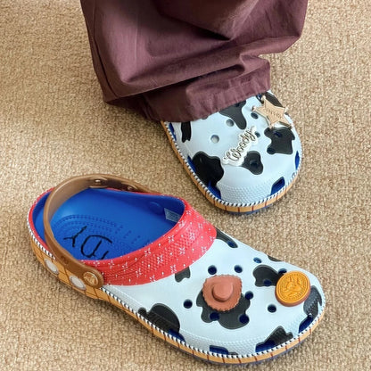 zero2cart western cowboy-inspired clogs featuring cow print, red bandana trim, and decorative character charms.