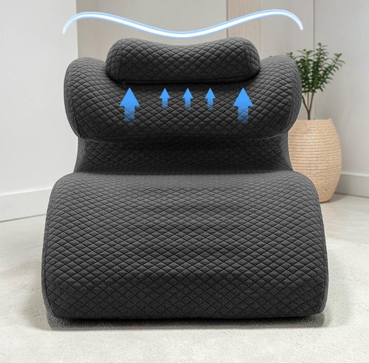 zero2cart grey quilted memory foam lumbar support pillow with a curved design for bed and chair comfort.