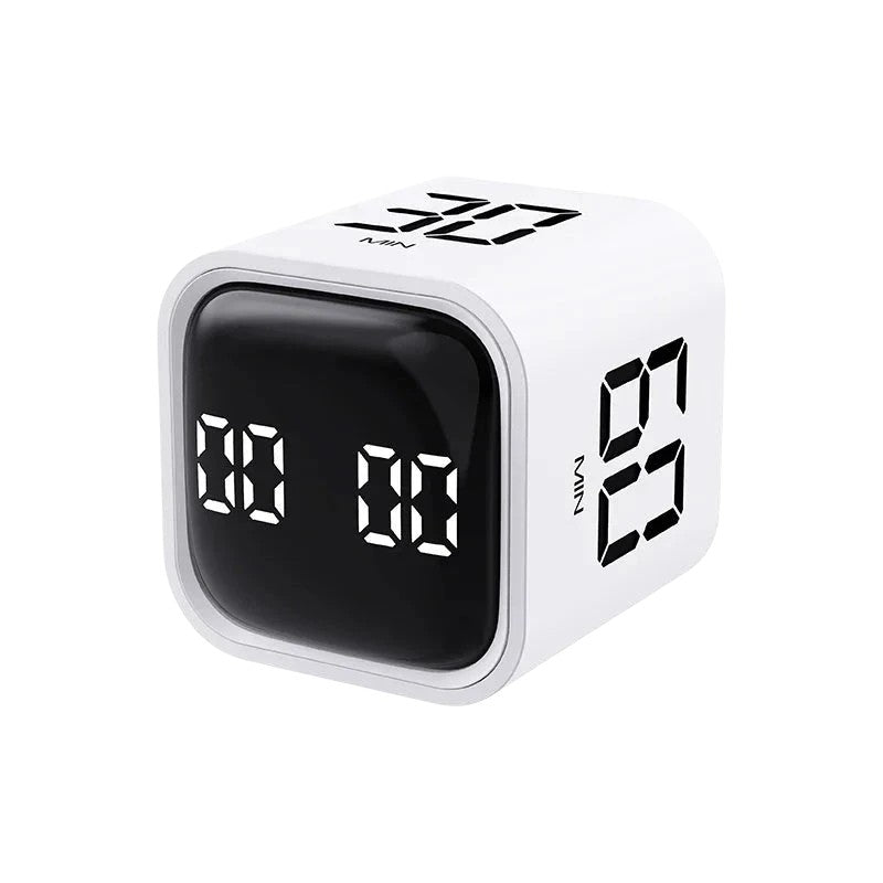 zero2cart white cube-shaped digital timer for study, kitchen, and work with a black LED display screen.