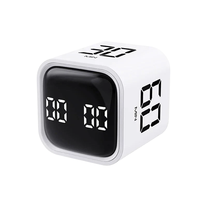 zero2cart white cube-shaped digital timer for study, kitchen, and work with a black LED display screen.