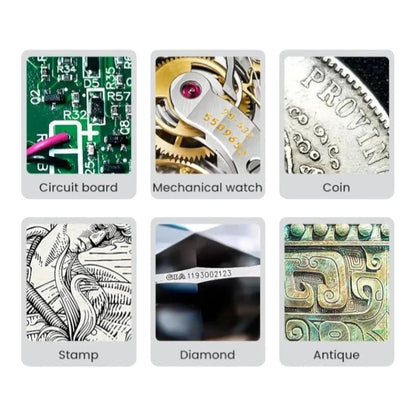 zero2cart ZoomView digital microscope showing close-up inspection of circuit boards, watches, coins, and diamonds.