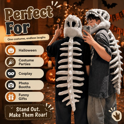 zero2cart dinosaur skeleton costume set with plush headgear and spine detail worn by two people for Halloween