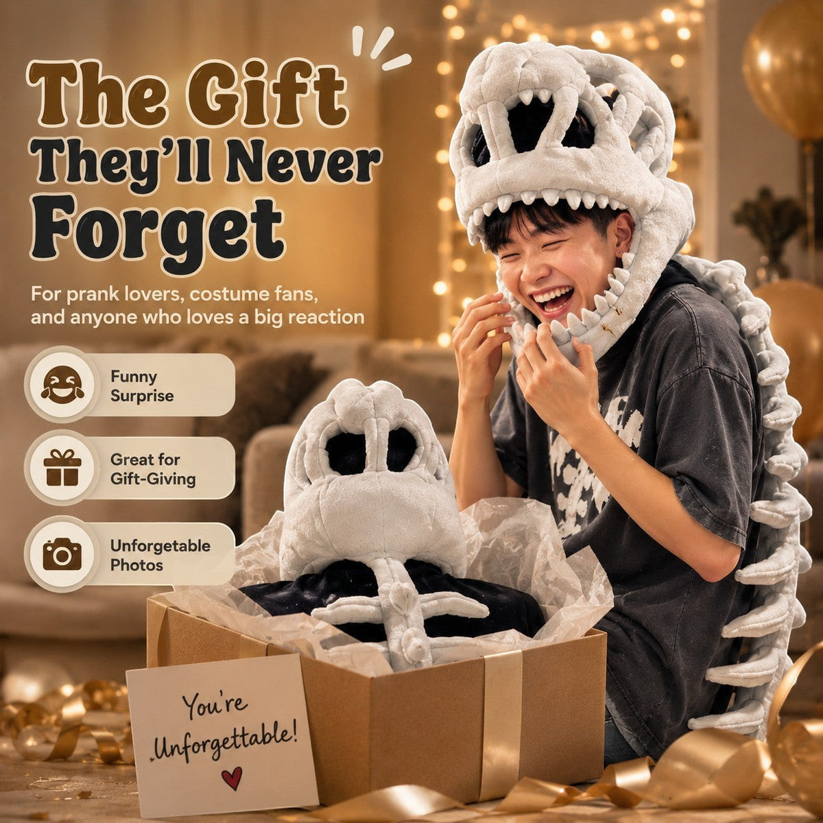 zero2cart dinosaur skeleton plush costume set with headgear and outfit worn by a smiling person in a gift box