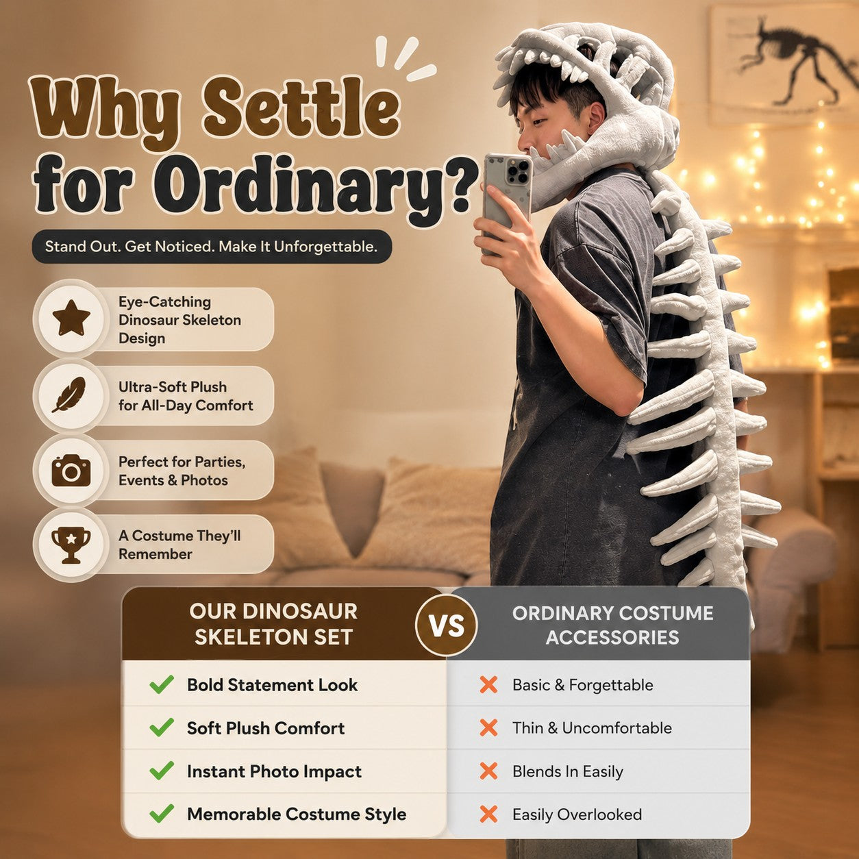 zero2cart dinosaur skeleton plush costume set worn by a person in a cozy room setting