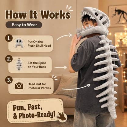 zero2cart dinosaur skeleton costume set featuring a plush grey skull hood and spine piece worn by a young man