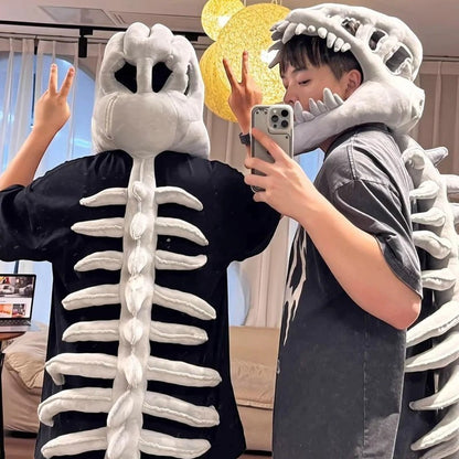 zero2cart grey plush dinosaur skeleton costume set with headgear and spine detail worn by two people taking a mirror selfie