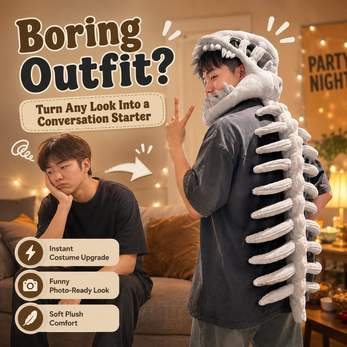 zero2cart dinosaur skeleton plush headgear and spine costume worn by a young man in a cozy living room setting