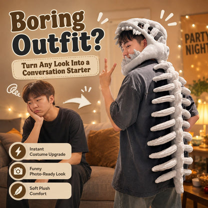 zero2cart dinosaur skeleton plush headgear and spine costume worn by a young man in a cozy living room setting