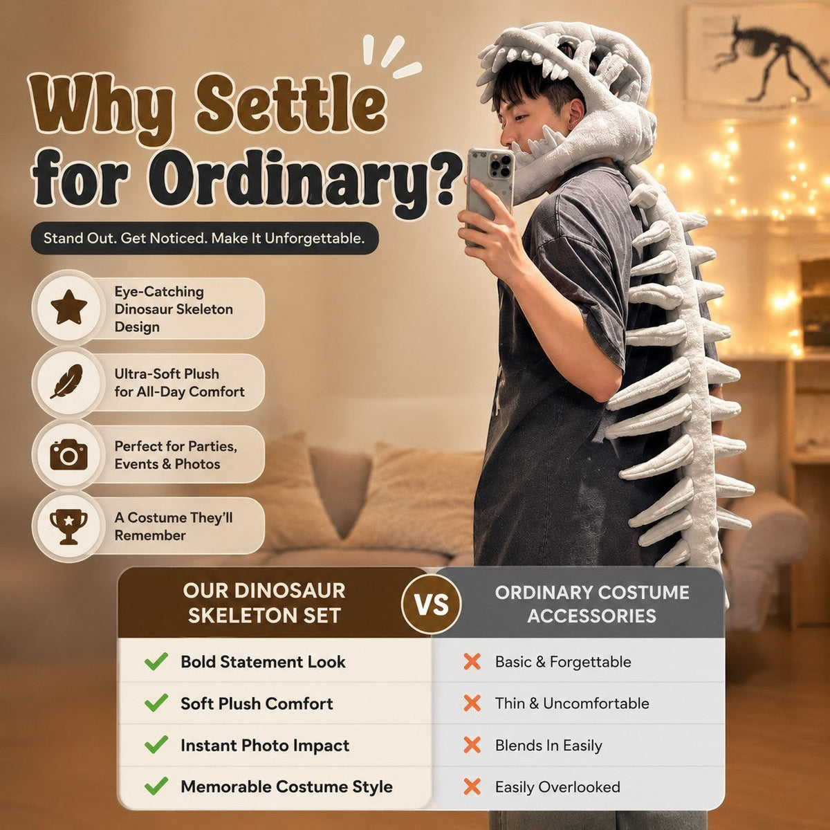 zero2cart dinosaur skeleton plush costume set worn by a person in a cozy room setting