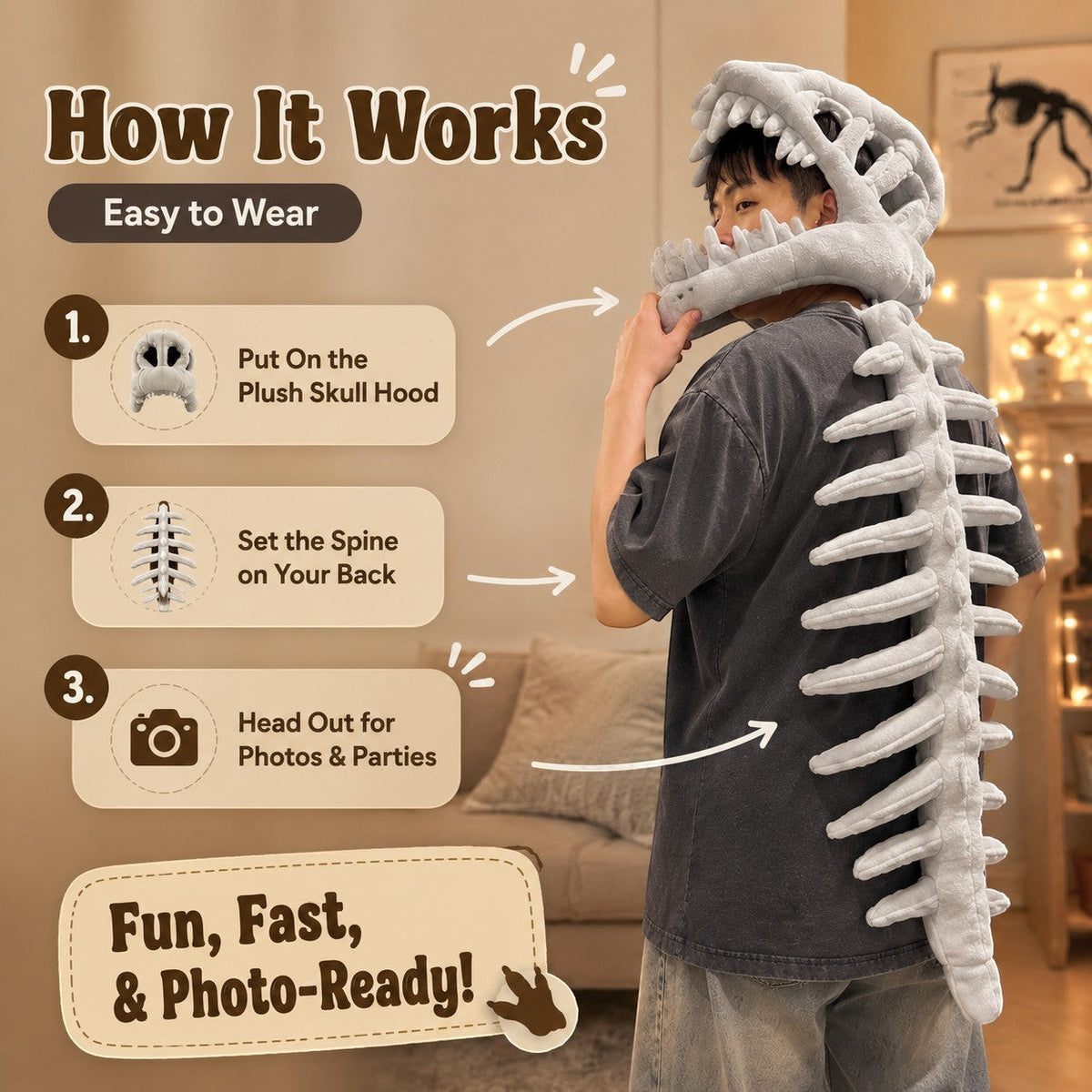 zero2cart dinosaur skeleton costume set featuring a plush grey skull hood and spine piece worn by a young man