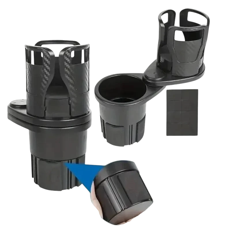 zero2cart adjustable dual car cup holder with 360-degree rotating base and anti-slip foam pads in matte black finish.