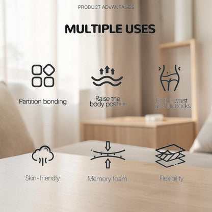 zero2cart ergonomic memory foam support pillow features including partition bonding, body elevation, and flexibility.