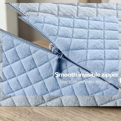 zero2cart ergonomic memory foam pillow featuring a light blue quilted cover with a smooth invisible zipper