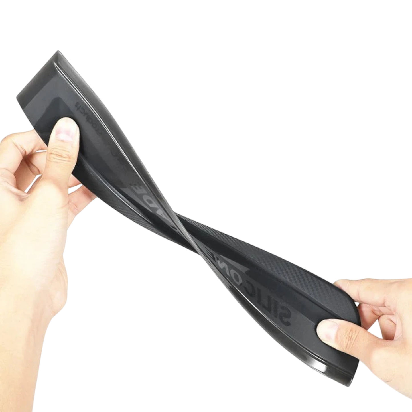 zero2cart flexible black silicone car squeegee blade being twisted to demonstrate durability for glass and paint