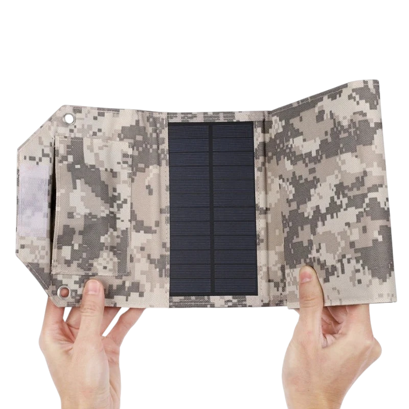 zero2cart portable foldable solar charging panel with camouflage fabric and hanging holes for outdoor camping