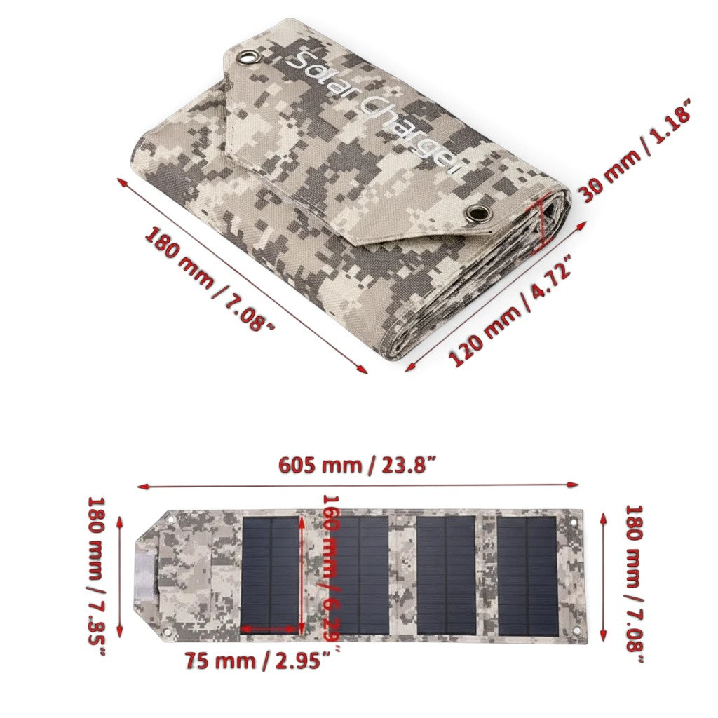 zero2cart foldable camouflage solar charging panel with dimensions shown for camping and outdoor travel