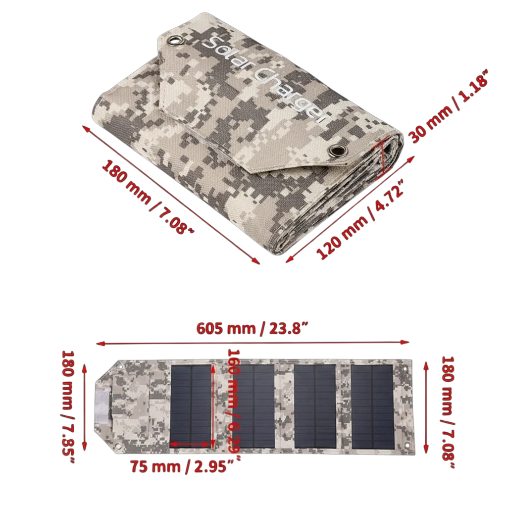zero2cart foldable camouflage solar charging panel with dimensions shown for camping and outdoor travel