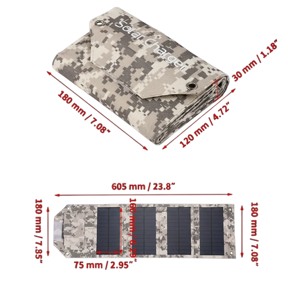 zero2cart foldable camouflage solar charging panel with dimensions shown for camping and outdoor travel