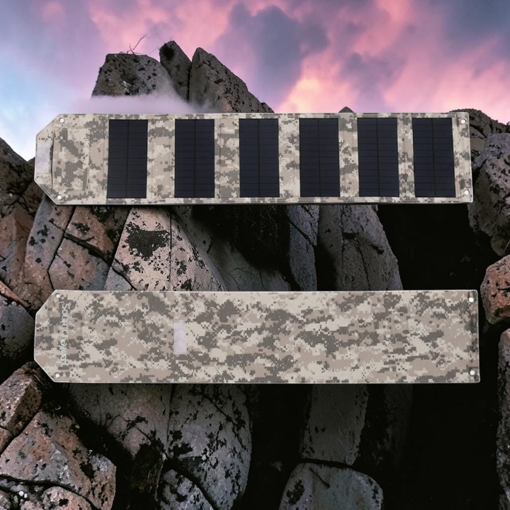 zero2cart foldable solar charging panel in camouflage with six polycrystalline cells, shown from front and back.