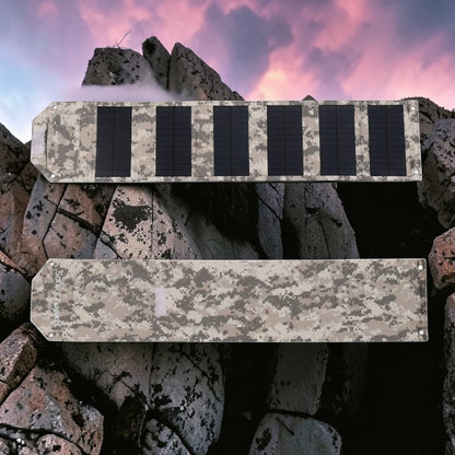 zero2cart foldable solar charging panel in camouflage with six polycrystalline cells, shown from front and back.