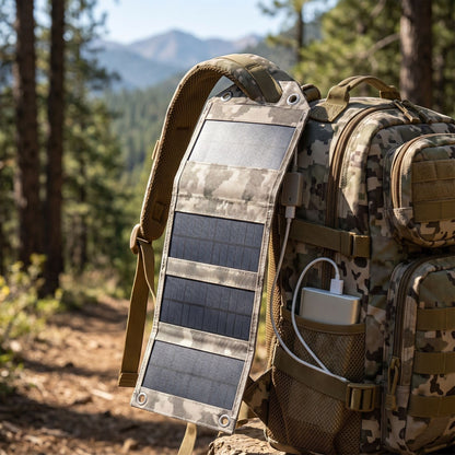 zero2cart foldable camouflage solar panel attached to a hiking backpack charging a power bank in a forest setting