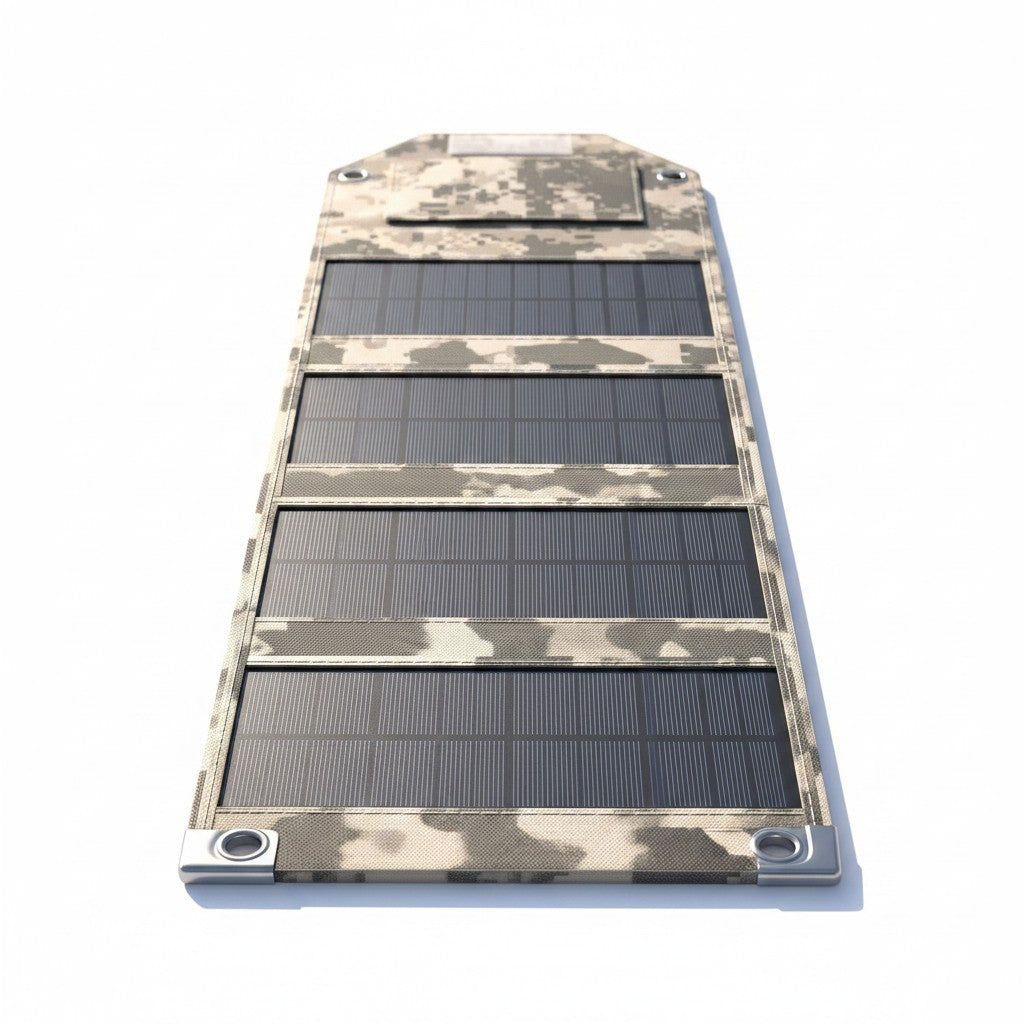 zero2cart foldable solar charging panel in camouflage print with six polycrystalline silicon cells and USB output