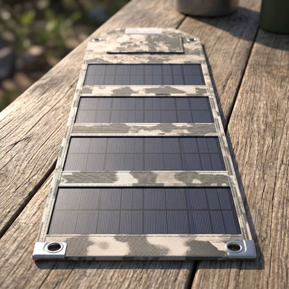 zero2cart foldable camouflage solar panel with USB output for camping and hiking on a wooden table