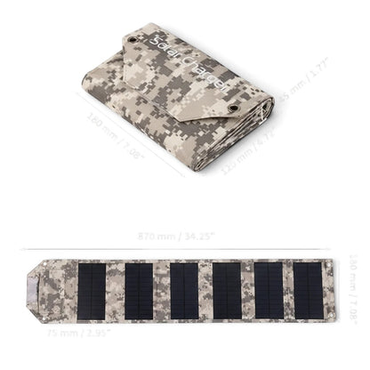 zero2cart foldable camouflage solar charging panel with dimensions shown for camping and outdoor travel