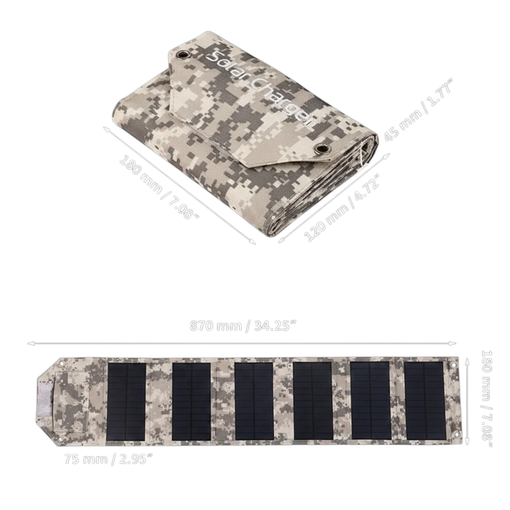 zero2cart foldable camouflage solar charging panel with dimensions shown for camping and outdoor travel