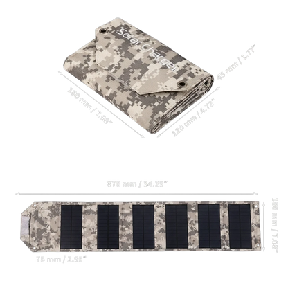 zero2cart foldable camouflage solar charging panel with dimensions shown for camping and outdoor travel