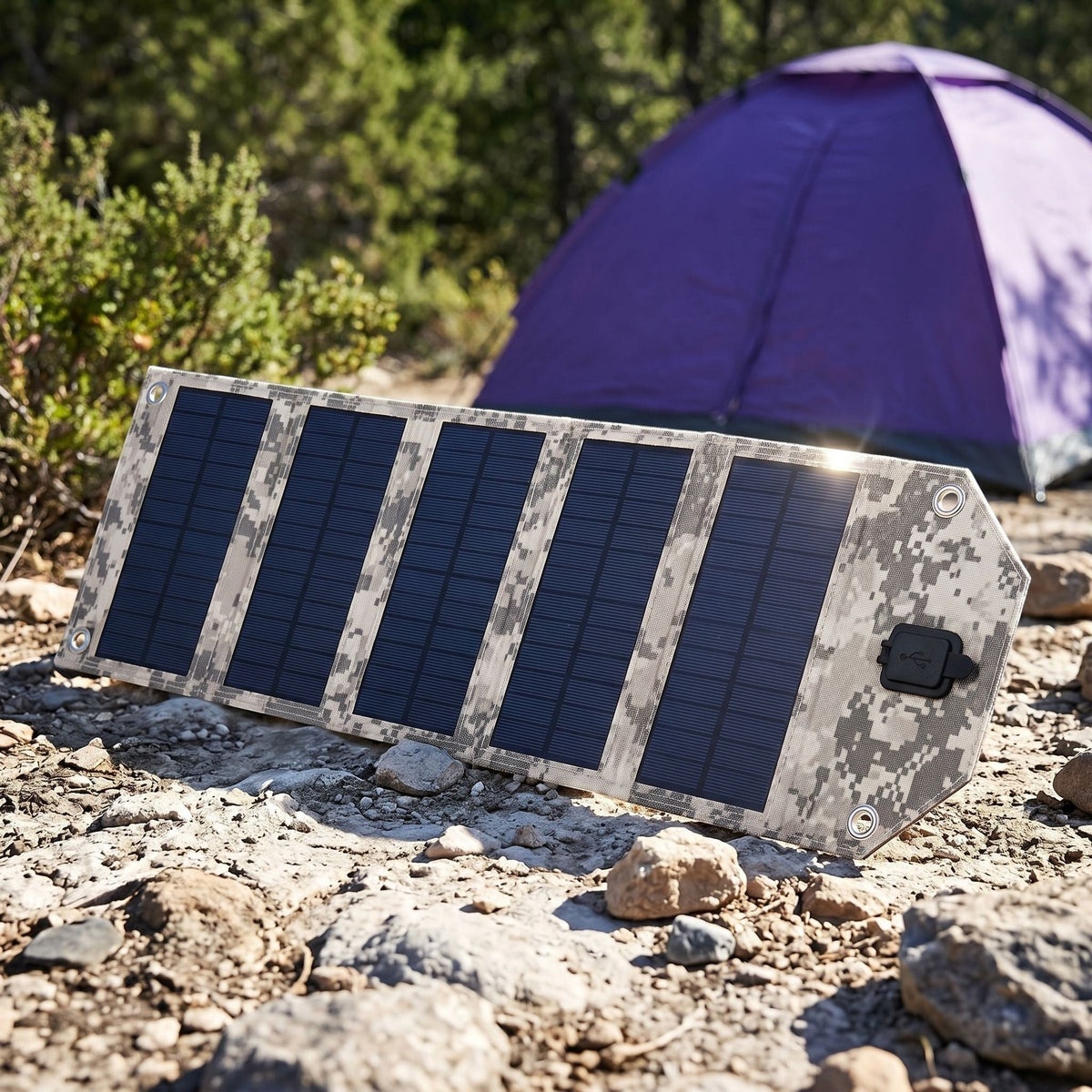 zero2cart foldable camouflage solar charging panel with USB port set up on rocky ground in front of a purple tent