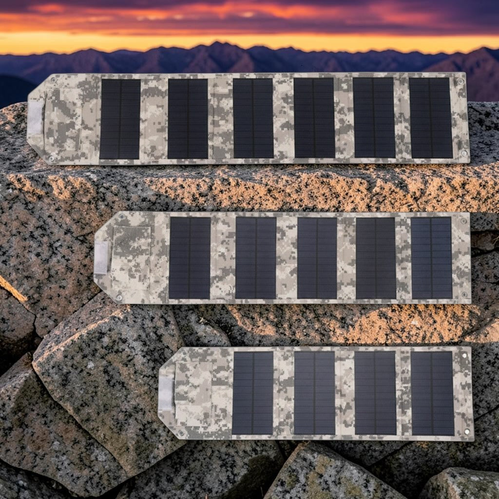 zero2cart camouflage foldable solar charging panels in 60W, 80W, and 100W power variants for outdoor use.