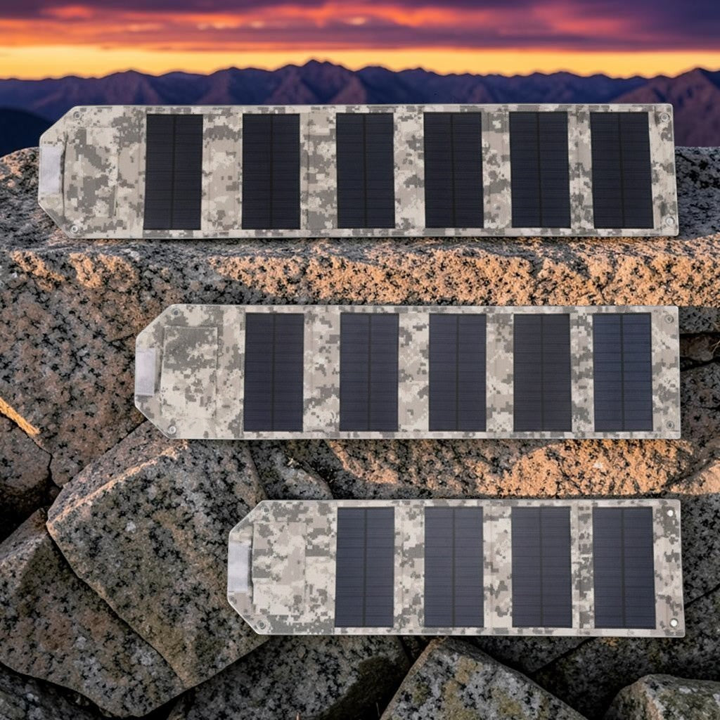 zero2cart camouflage foldable solar charging panels in 60W, 80W, and 100W power variants for outdoor use.