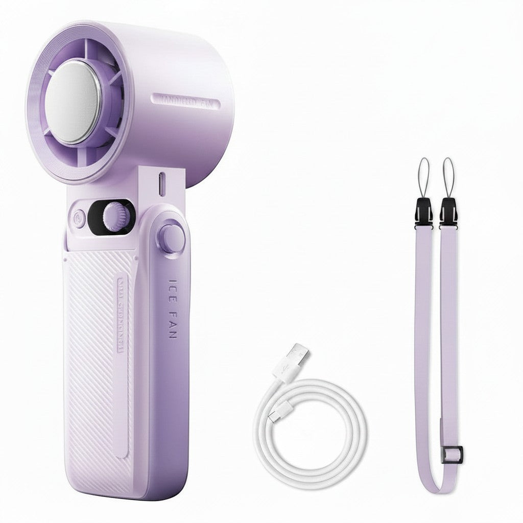 zero2cart foldable handheld turbo fan in light purple with LED display, charging cable, and neck lanyard.