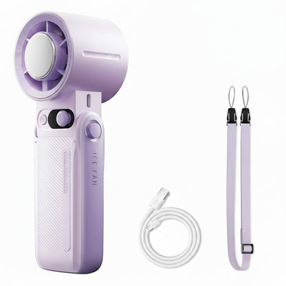 zero2cart foldable handheld turbo fan in light purple with LED display, charging cable, and neck lanyard.