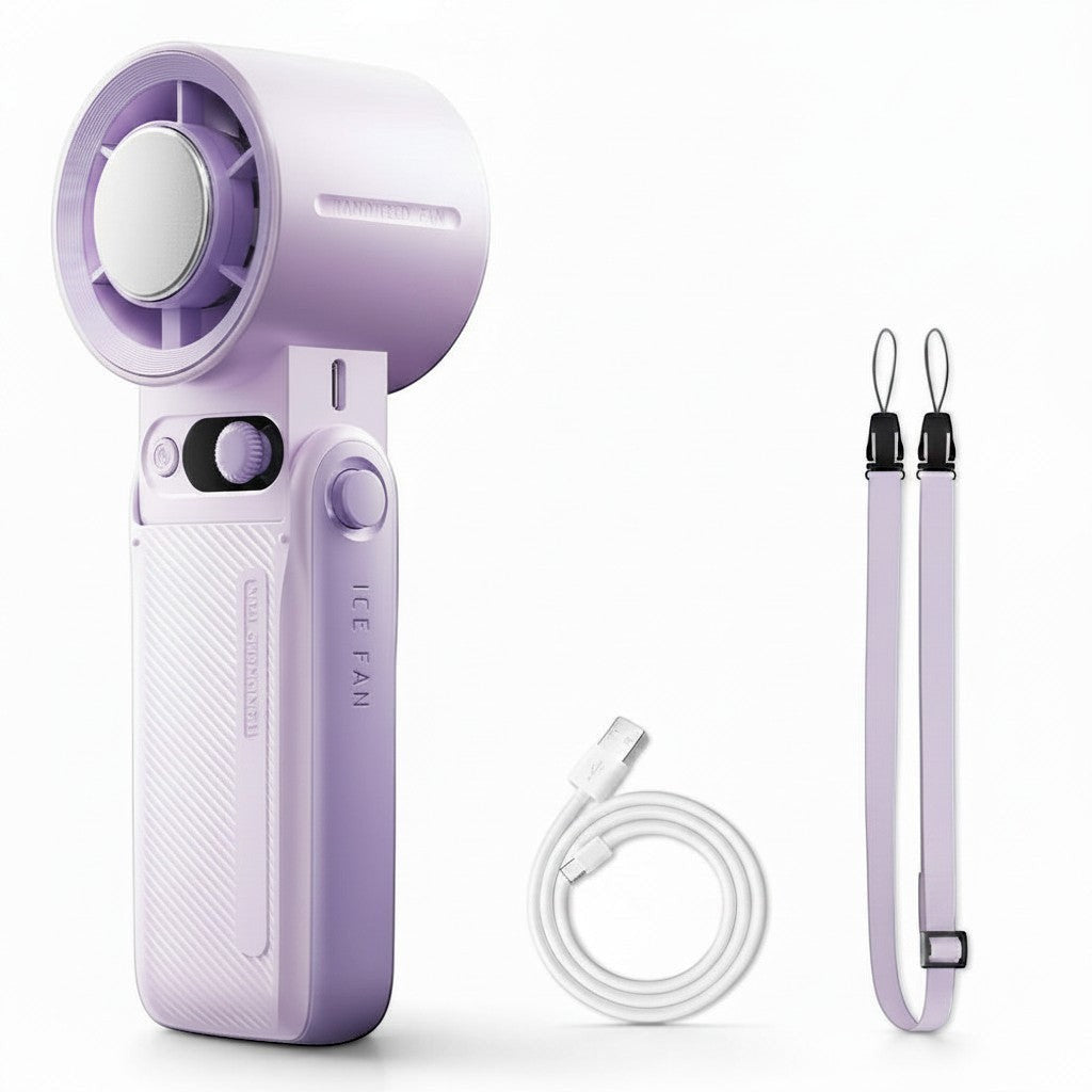 zero2cart foldable handheld turbo fan in light purple with LED display, charging cable, and neck lanyard.