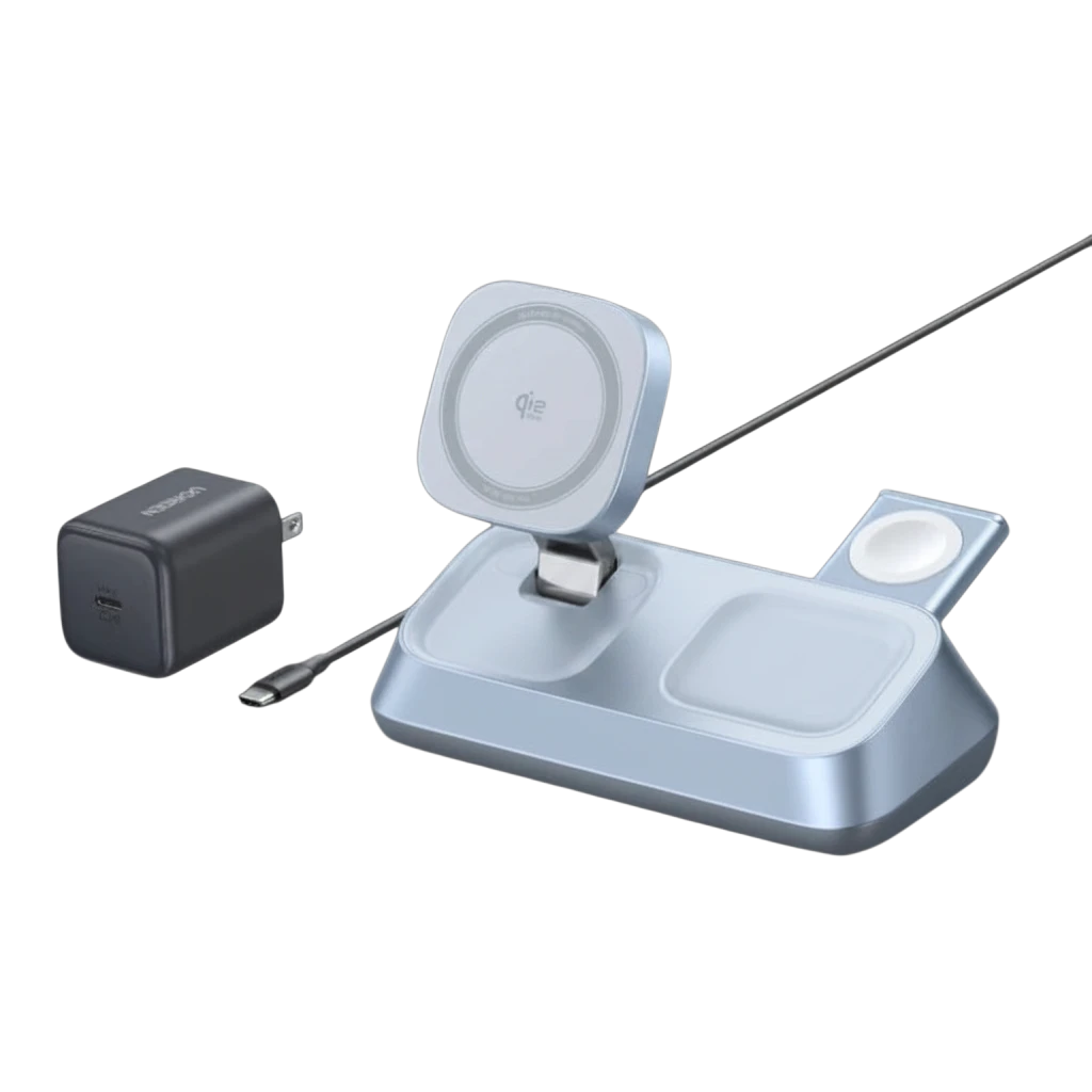zero2cart 3-in-1 foldable magnetic wireless charging station in light blue for phone, smartwatch, and earbuds.