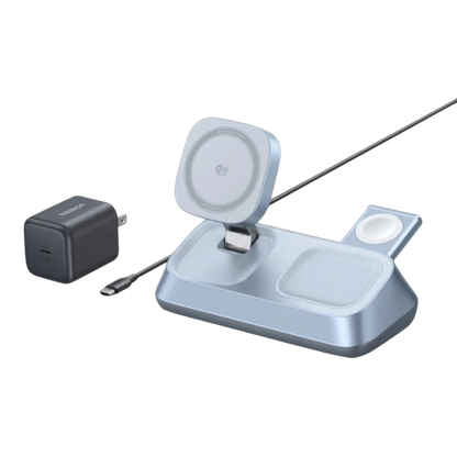 zero2cart 3-in-1 foldable magnetic wireless charging station in light blue for phone, smartwatch, and earbuds.