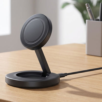 zero2cart foldable magnetic wireless charger stand in matte black on a wooden desk for phone and earbud charging
