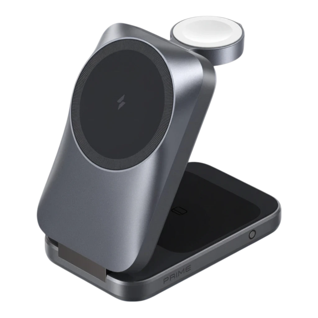zero2cart 3-in-1 foldable magnetic wireless charging station in dark grey for phone, watch, and earbuds