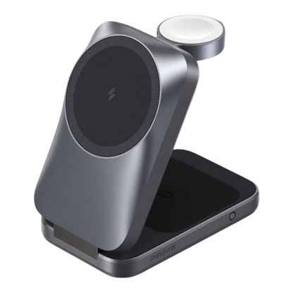 zero2cart 3-in-1 foldable magnetic wireless charging station in dark grey for phone, watch, and earbuds