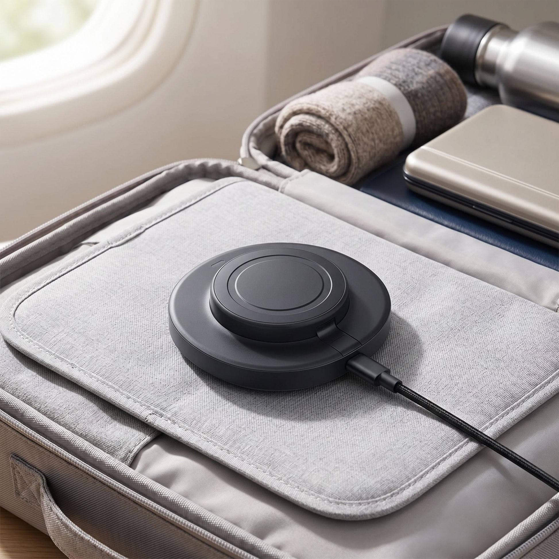 zero2cart foldable magnetic wireless charger in black, packed inside a travel bag for portable charging.