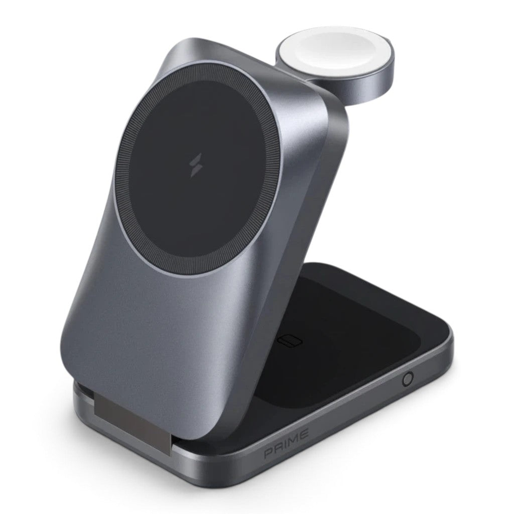 zero2cart 3-in-1 foldable magnetic wireless charging station in dark grey for phone, watch, and earbuds